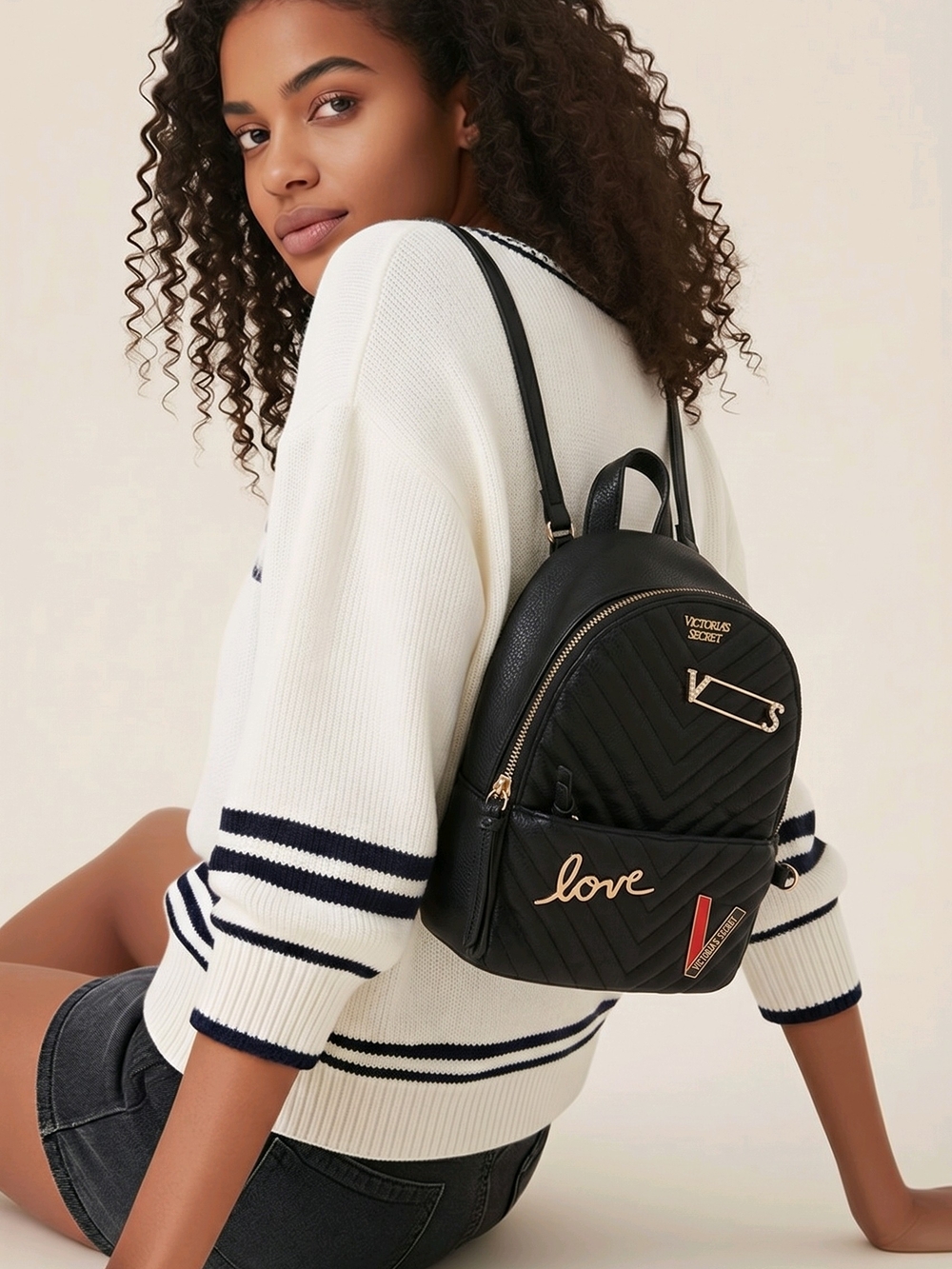 Victoria's Secret V-quilt  Mini City Backpack Black With Gold Details - Love VS